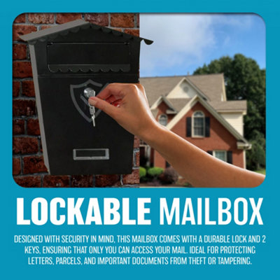Black Steel Post Box Lockable Letterbox Mail Wall Mounted Postbox Home ...