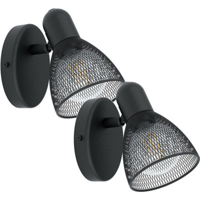 Black Steel Wall Spot Light 2 Pack with Open Mesh Shade - E14 28W Sconce