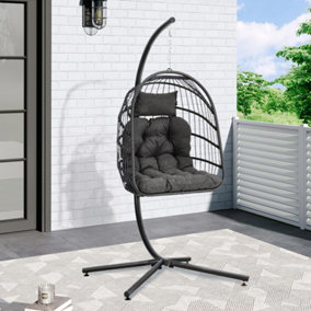 Black Swing Egg Chair Hanging Garden Hammock Swing Chair Hanging Basket with Cushions & Stand Outdoor Indoor Furniture H 195 cm