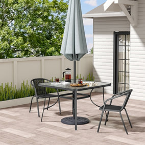 Black Tempered Glass 2 Seater Garden Furniture Set Outdoor Dinging Table and Stackable Chairs with Umbrella Hole 105 cm