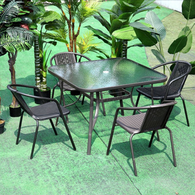Black Tempered Glass 4 Seater Garden Furniture Set Outdoor Dinging Table and Stackable Chairs with Umbrella Hole 105 cm