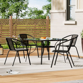 Black Tempered Glass 4 Seater Garden Furniture Set Outdoor Dinging Table and Stackable Chairs with Umbrella Hole 105 cm