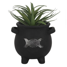 Black Terracotta Triple Moon Design Cauldron Plant Pot. Gift Idea (Dia) 12 cm