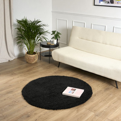 Black Thick Shaggy Circle Rug - California - 120cm