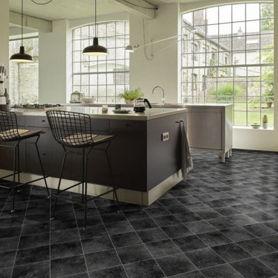 Black Tile Effect Anti-Slip Vinyl Flooring For LivingRoom, Kitchen, 2mm Thick Cushion Backed Vinyl Sheet -1m(3'3") X 2m(6'6")-2m²