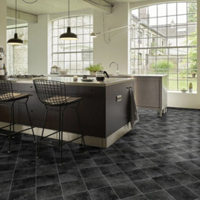 Black Tile Effect Anti-Slip Vinyl Sheet For DiningRoom LivingRoom Hallways Conservatory And Kitchen Use-1m X 2m (2m²)