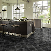 Black Tile Effect Anti-Slip Vinyl Sheet For DiningRoom LivingRoom Hallways Conservatory And Kitchen Use-3m X 3m (9m²)