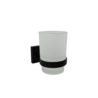 Black Toothbrush Holder with Frosted Glass Cup Wall Mounted Bathroom Accessory