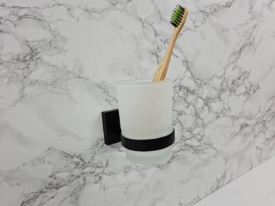 Black Toothbrush Holder with Frosted Glass Cup Wall Mounted Bathroom Accessory - 4