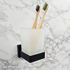 Black Toothbrush Holder with Glass Cup Wall Mounted Bathroom Accessory