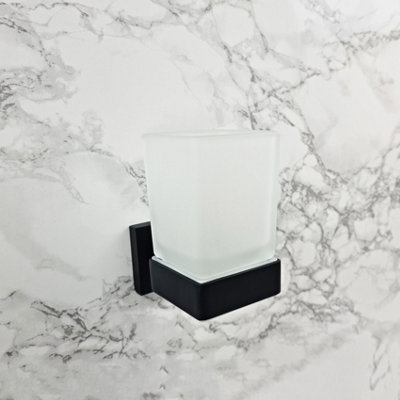 Black Toothbrush Holder with Glass Cup Wall Mounted Bathroom Accessory - 3