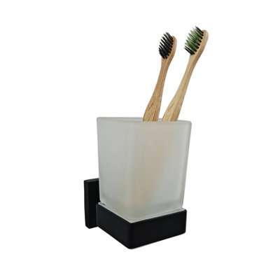 Black Toothbrush Holder with Glass Cup Wall Mounted Bathroom Accessory - 4