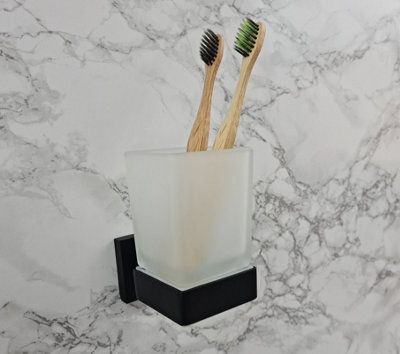 Black Toothbrush Holder with Glass Cup Wall Mounted Bathroom Accessory - 5