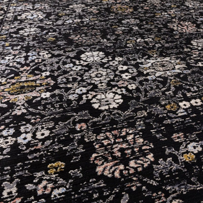 Black Traditional Bordered Luxurious Easy to clean Rug for Dining Room ...