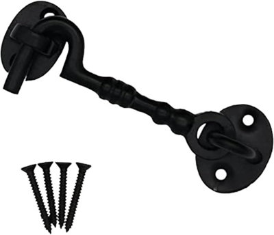 Black Traditional Cast Iron Cabin Hook & Eye 4" Silent Catch Door Latch for Shed & Garden Gates Twisted Design Fancy Door Holderx1