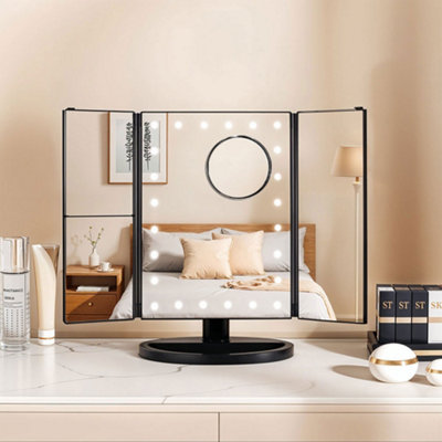 Black Tri-Fold Makeup Mirror with LED Lights