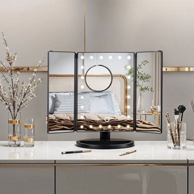 Black Tri-Fold Makeup Mirror with LED Lights