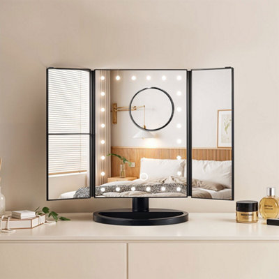Black Tri-Fold Makeup Mirror with LED Lights