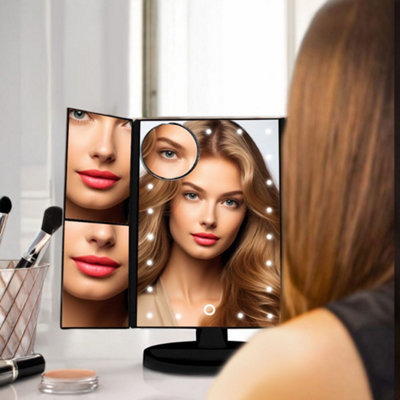 Black Tri-Fold Makeup Mirror with LED Lights