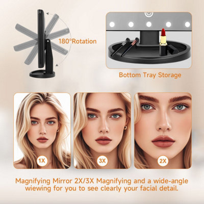 Black Tri-Fold Makeup Mirror with LED Lights