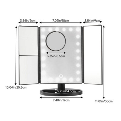 IdeaWorks Tri-Fold LED Makeup Mirror With 2x & 3x Magnification Panels - Black, USB/Battery Powered