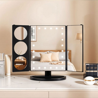 Black Tri-Fold Makeup Mirror with LED Lights