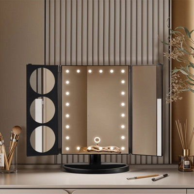 Black Tri-Fold Makeup Mirror with LED Lights