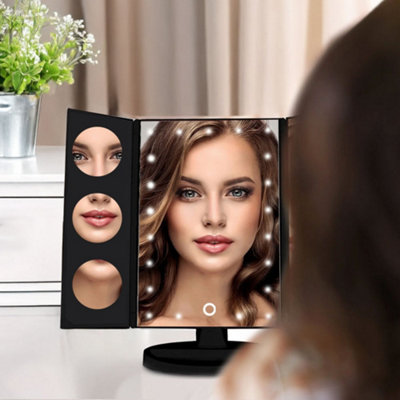 Black Tri-Fold Makeup Mirror with LED Lights