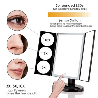 Black Tri-Fold Makeup Mirror with LED Lights