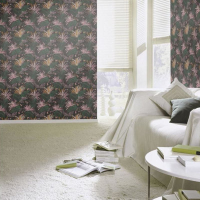 Black Tropical Leaf Botanical Wallpaper Dark Floral Feature Wall Modern