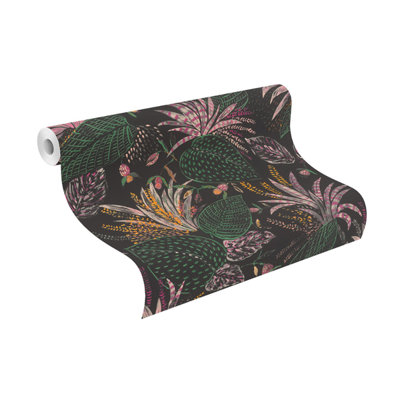 Black Tropical Leaf Botanical Wallpaper Dark Floral Feature Wall Modern