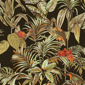 Black Tropical Wallpaper Birds Palm Textured Green Orange Paste the Wall Vinyl