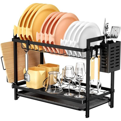 Black Two Tier Over Sink Dish Drainer with Removable Drip Tray and ...