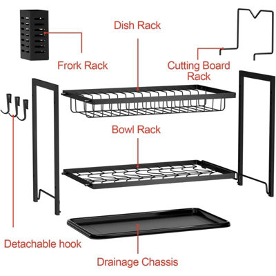Black Two Tier Over Sink Dish Drainer with Removable Drip Tray and ...
