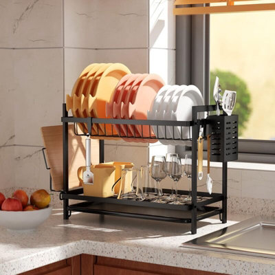 Black Two Tier Over Sink Dish Drainer with Removable Drip Tray and ...