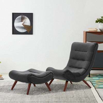 Black Velvet Curved Reclining Chair Lounger Chair Recliner Accent Chair with Footstool