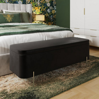 Black Velvet Ottoman Storage Bench With Chromed Metal Legs