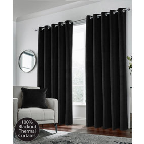 Black Velvet, Supersoft, 100% Blackout, Thermal Pair of Curtains with Eyelet Top - 46 x 54 inch (117x137cm)