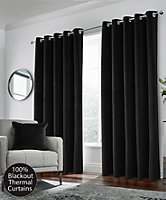 Black Velvet, Supersoft, 100% Blackout, Thermal Pair of Curtains with Eyelet Top - 66 x 54 inch (168x137cm)