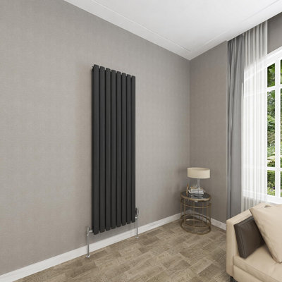 Black Vertical Radiator Double Oval Column (H)1600mm (W)472mm 7156 BTU Steel Compatible for Central Heating System