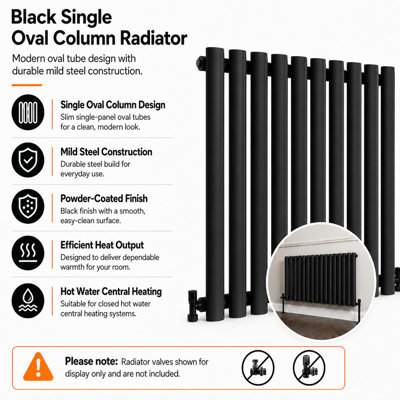 Black Vertical Radiator Single Oval Column (H)1600mm (W)590mm 3801 BTU ...