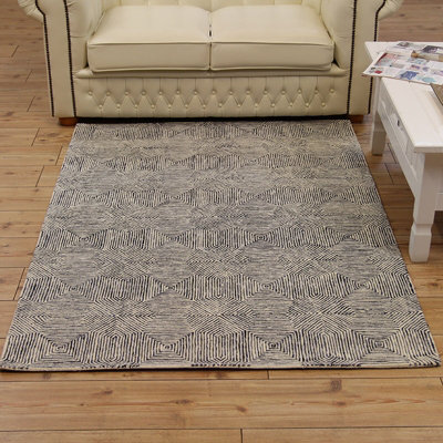 Black Viscose , Wool Easy to clean Geometric Luxurious , Modern , Wool Rug for Living Room, Bedroom - 120cm X 170cm