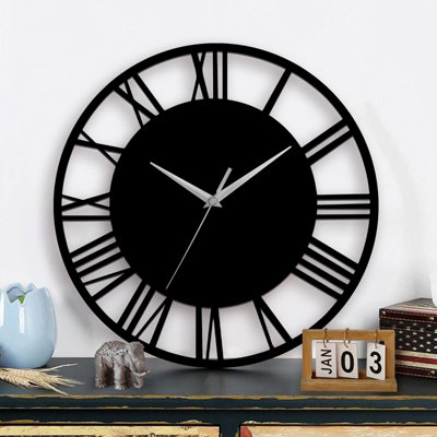 Black Wall Clock Roman Numeral Decorative Silent Wall Clock for Living Room Decor Fireplace 300mm