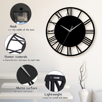 Black Wall Clock Roman Numeral Decorative Silent Wall Clock for Living Room Decor Fireplace 300mm