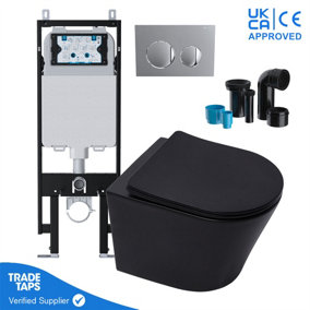 Black Wall Hung Toilet Pan Rimless Slim Concealed Cistern Frame 1.14-1.35m w/Chrome Flush Plate