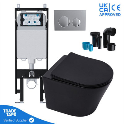 Black Wall Hung Toilet Pan Rimless with VIVA Slim Concealed Cistern Frame 1.14-1.35m & Chrome Flush Plate