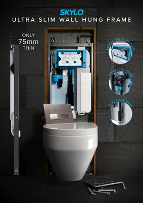 Black Wall Hung Toilet Pan Rimless with VIVA Slim Concealed Cistern Frame 1.14-1.35m & Chrome Flush Plate
