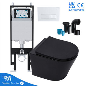 Black Wall Hung Toilet Pan Rimless with VIVA Slim Concealed Cistern Frame 1.14-1.35m & Square Gloss White Flush Plate