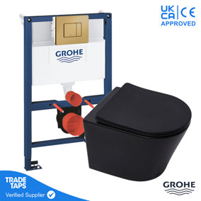 Black Wall Hung Toilet WC Pan with GROHE 0.82m Concealed Cistern Dual Flush  Frame - Brushed Cool Sunrise