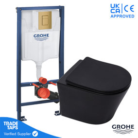 Black Wall Hung Toilet WC Pan with GROHE 1.13m Concealed Cistern Dual Flush  Frame - Cool Sunrise